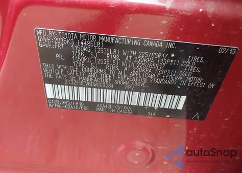 2013 Toyota Rav4 Le из США, поврежденный, VIN 2T3ZFREV6DW009284